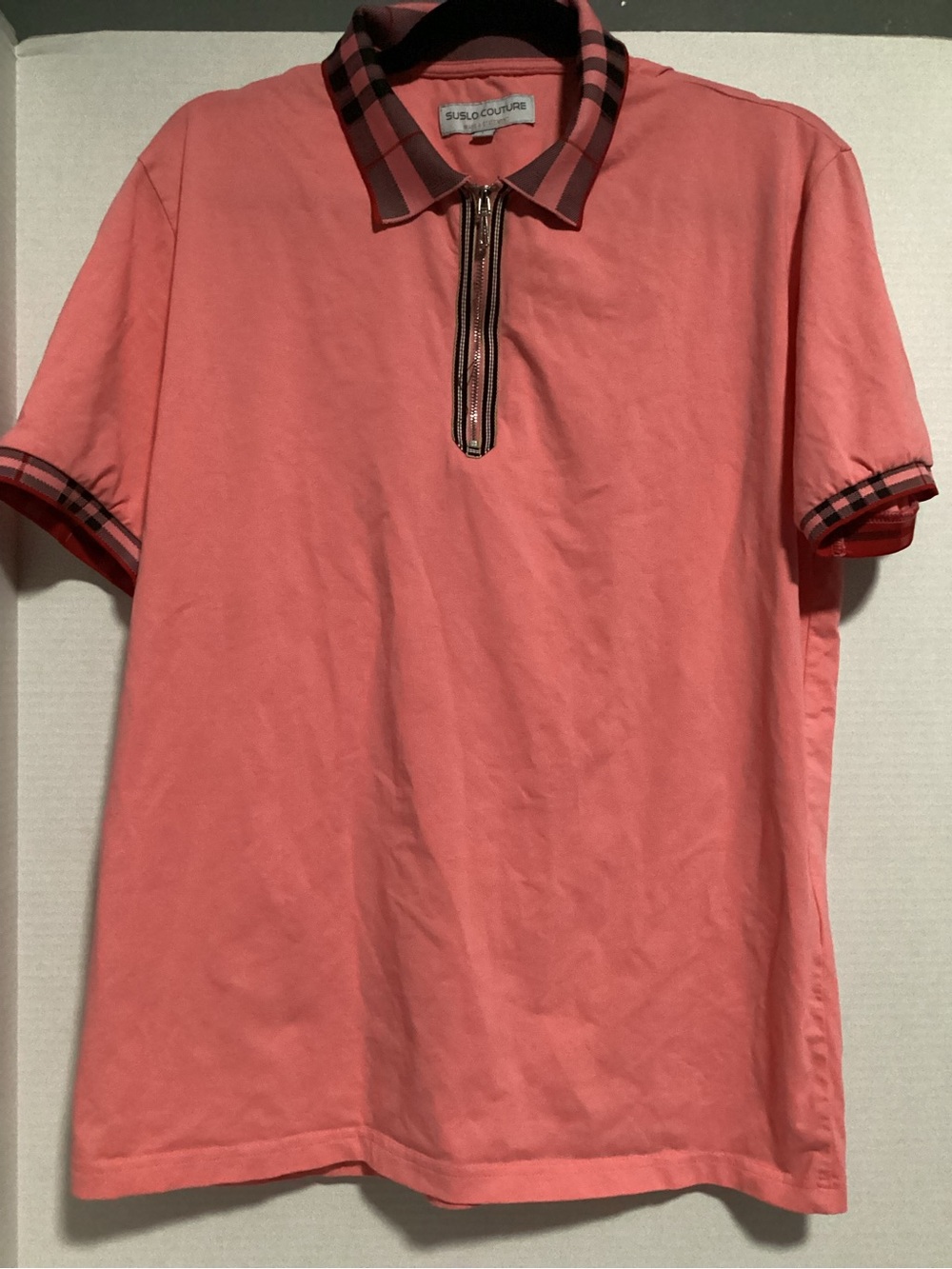 Men's Coral Zip Polo with Checked Trim